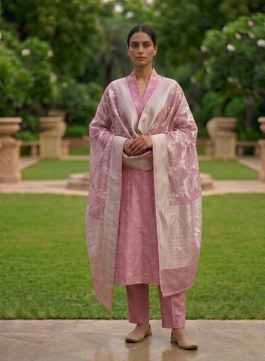 Pink Banarasi Chiniya Silk Suit Set