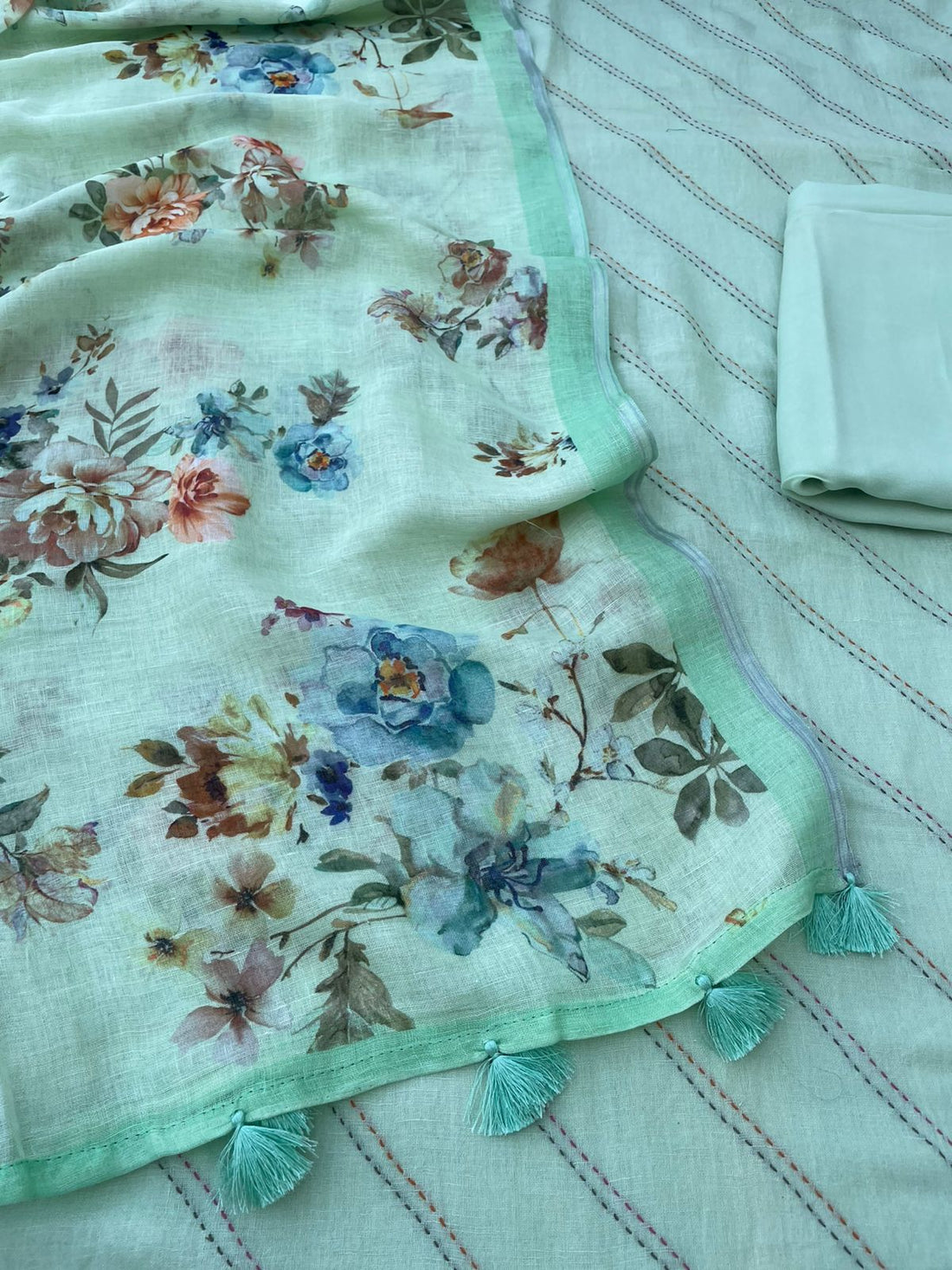 Green Linen Silk Printed Unstitched Suit Fabric