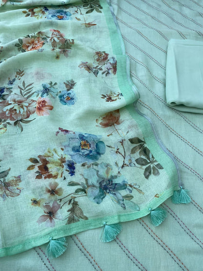 Green Linen Silk Printed Unstitched Suit Fabric