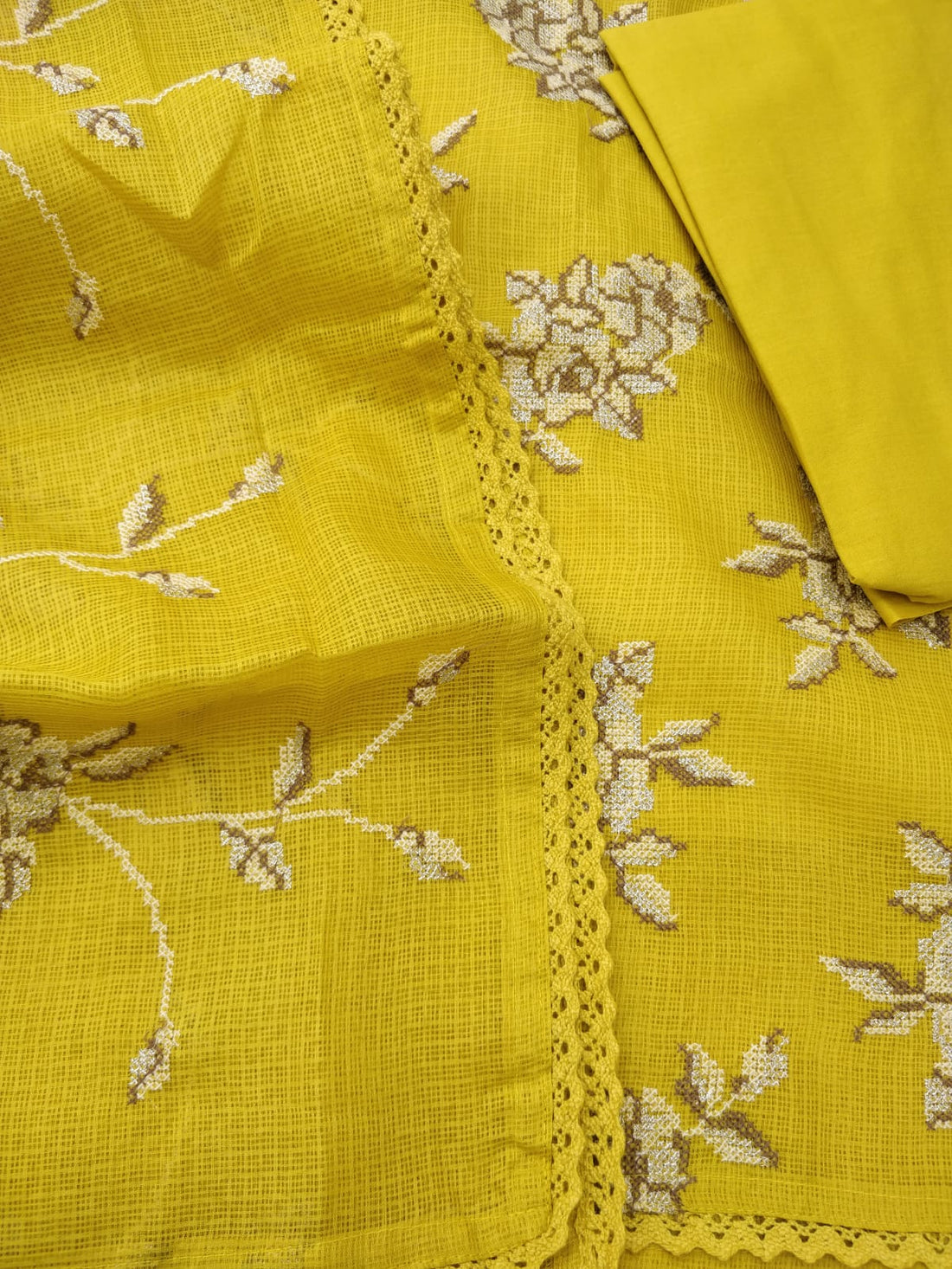 Yellow Kota Silk Embroidered Unstitched Suit Fabric