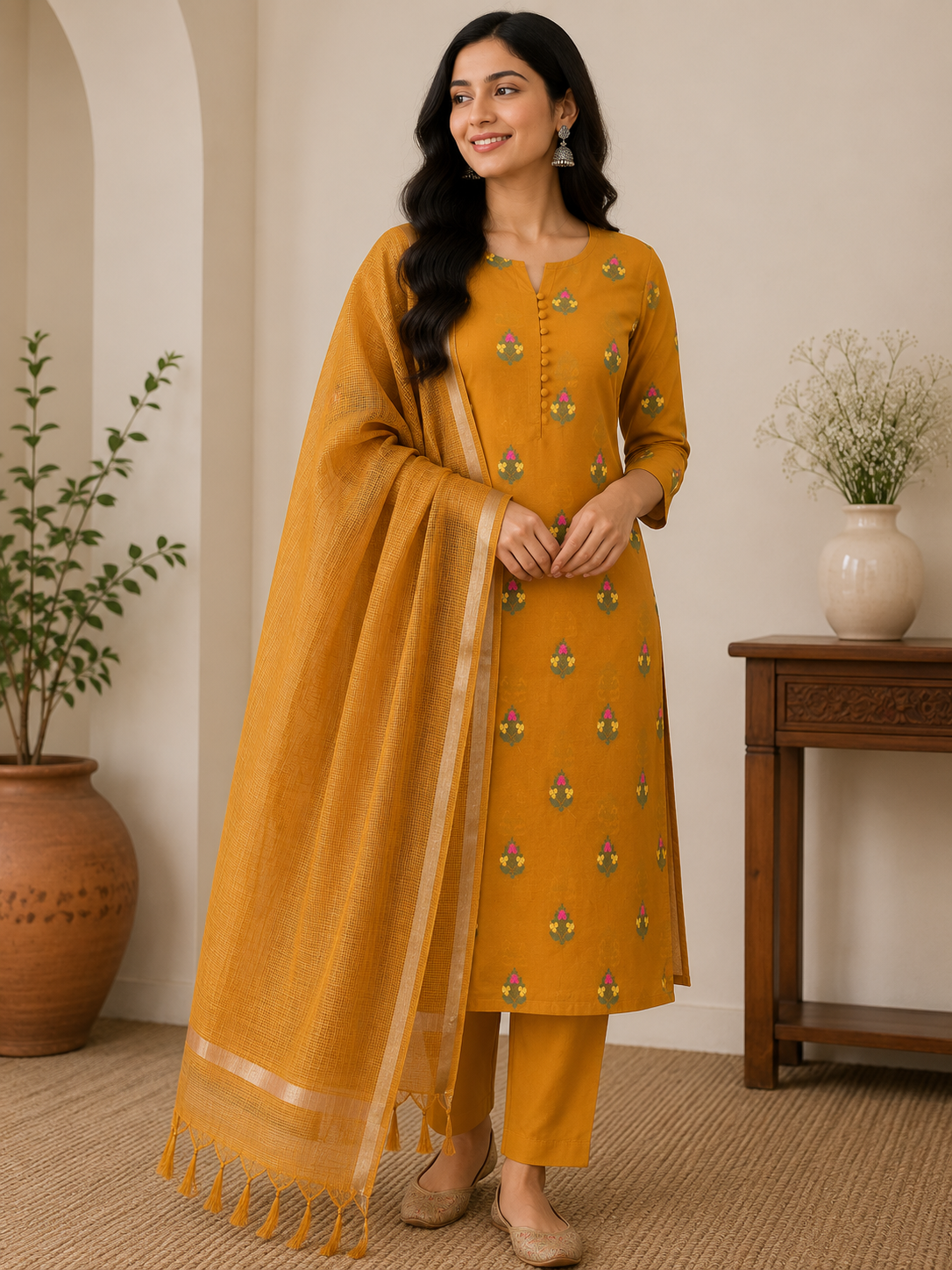 Yellow Meenakari Banarasi Cotton Suit Set