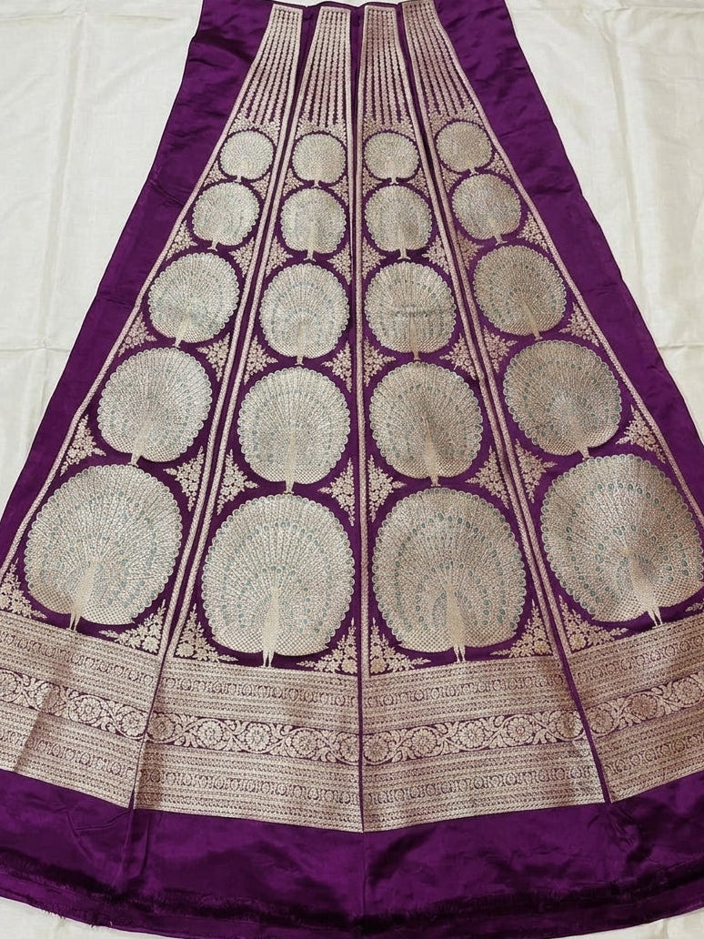 Purple Handwoven Pure Satin Silk Mayuri Banarasi Lehenga Panels