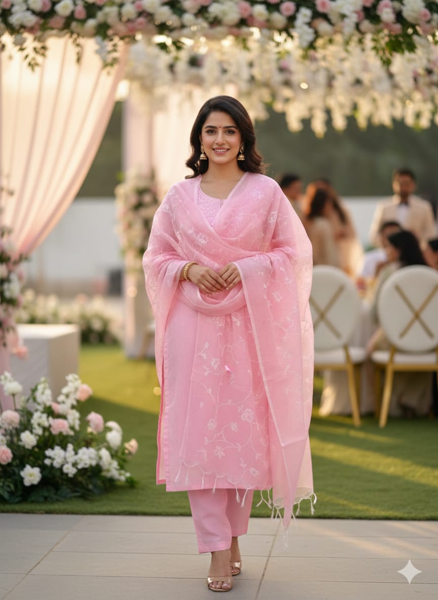 Pink Kota Silk Embroidered Unstitched Suit