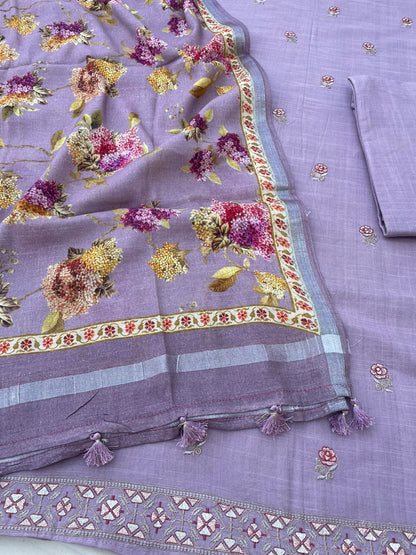 Lilac Linen Silk Embroidered Unstitched Suit Fabric