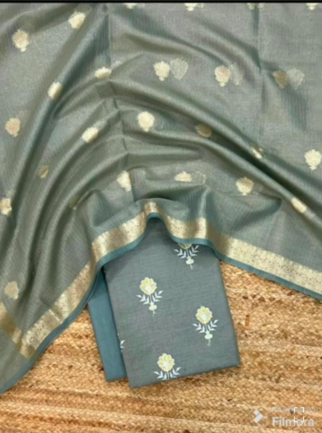 Gray Kota Silk Embroidered Suit Fabric