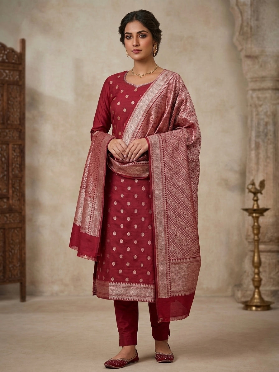Maroon Cotton Silk Banarasi Unstitched Suit Set