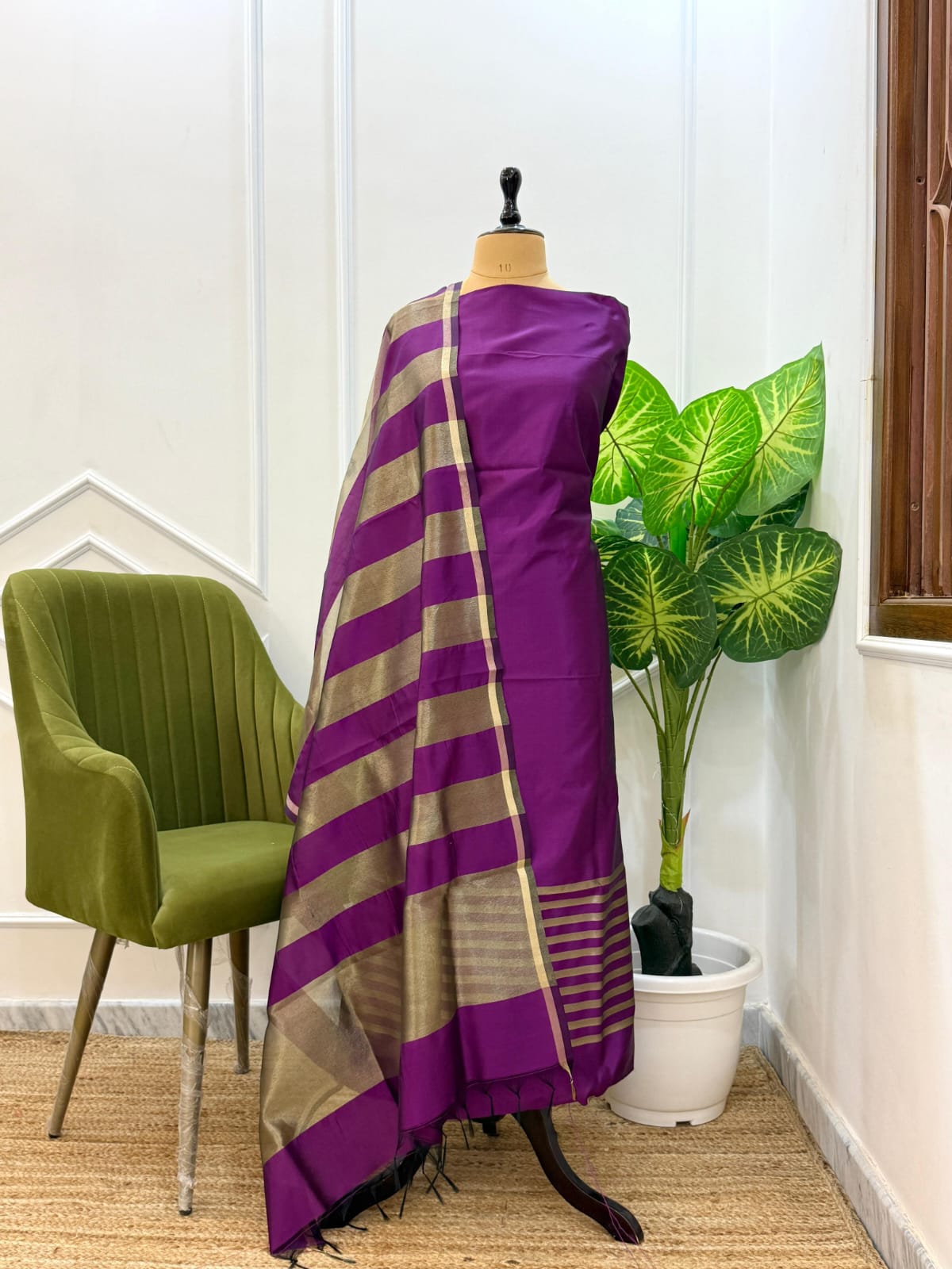 Purple Cotton Silk Suit With Stripe Zari Dupatta