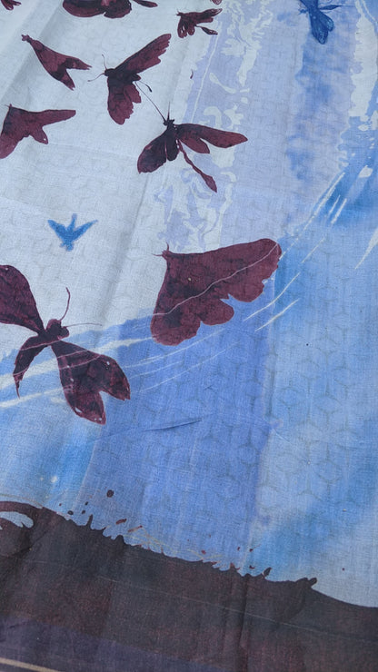 Sky Blue Organza Silk Butterfly Print Banarasi Saree