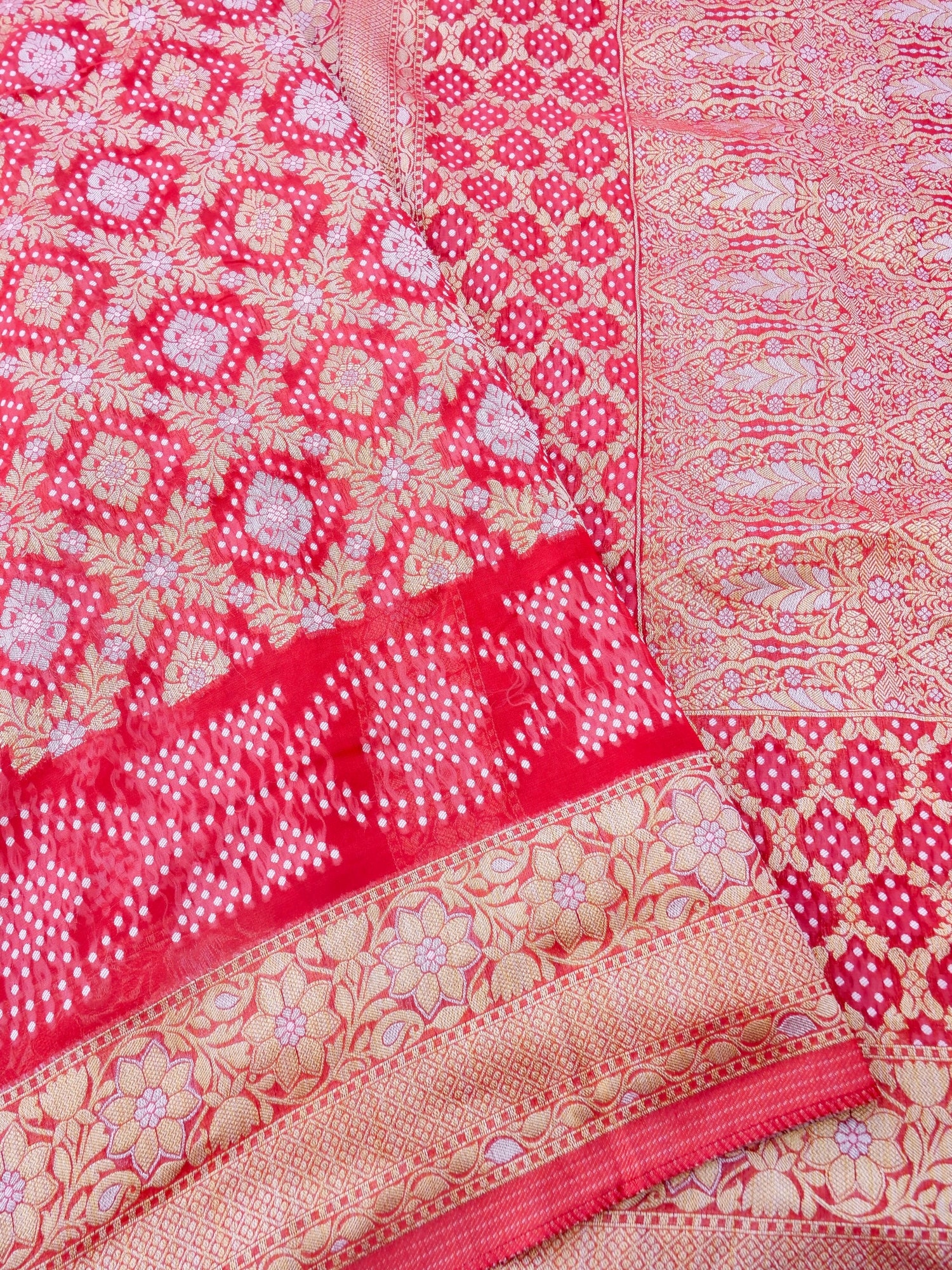 Red Bandhni Georgette Silk Banarasi Saree