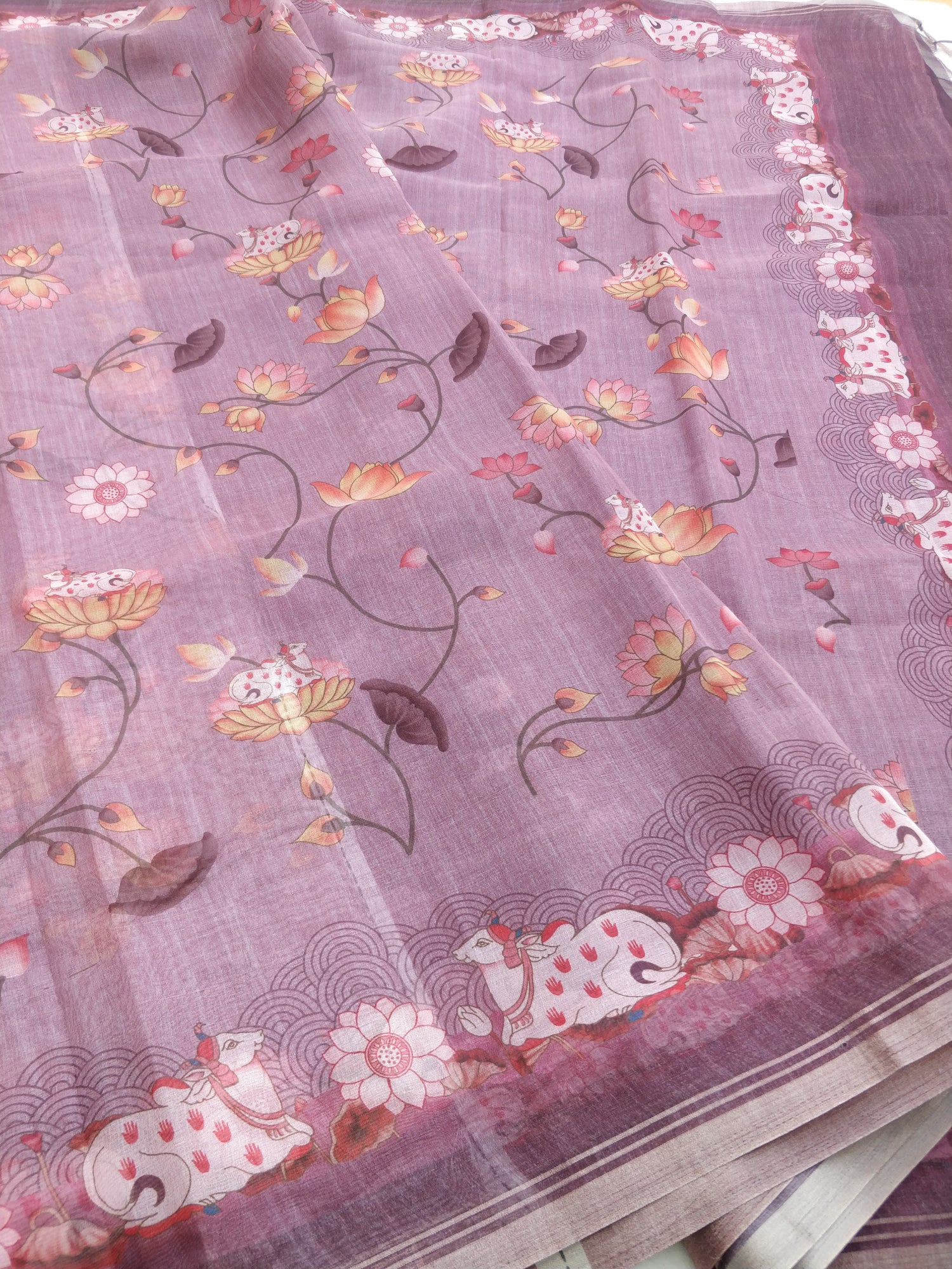 Pink Silk Tussar Printed Pichwai Saree