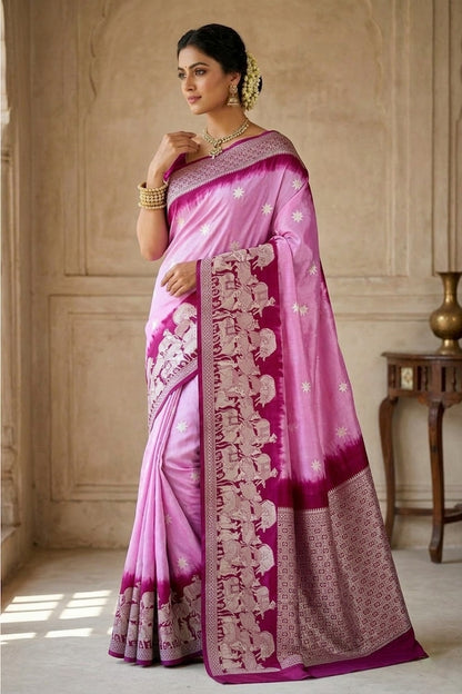 Pink Banarasi Munga Crepe Saree with Shikargah
