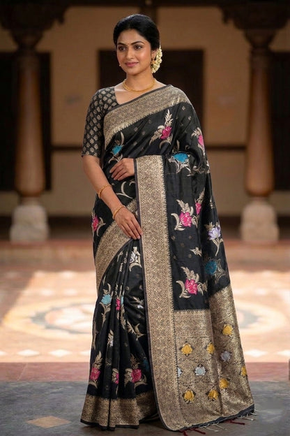 Black Floral Butas Organza Banarasi Saree with Meenakari