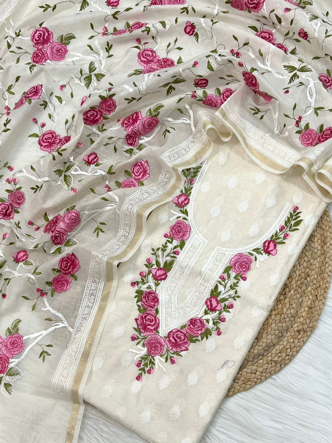 White Embroidered Pink Threadwork Jacquard Suit Fabric with Kota Dupatta
