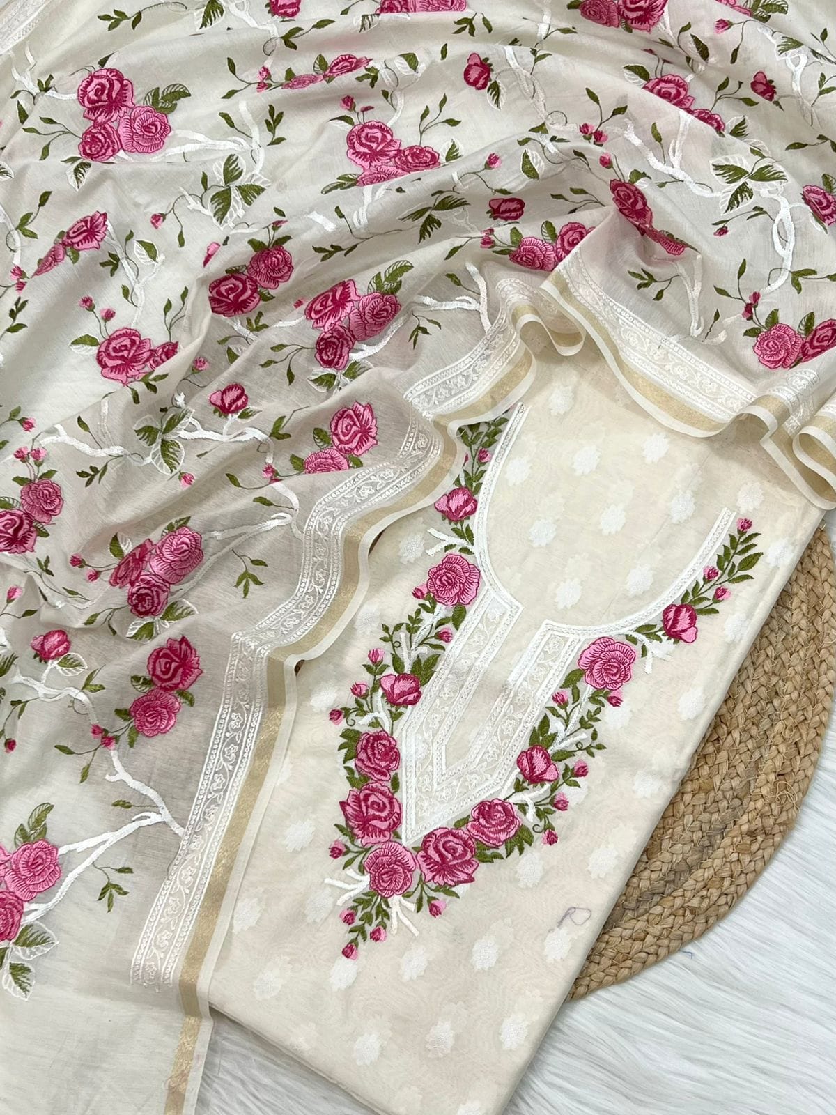 White Embroidered Pink Threadwork Jacquard Suit Fabric with Kota Dupatta
