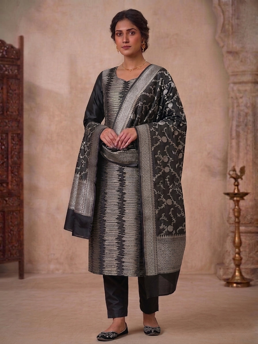 Black Mashru Silk Banarasi Unstitched Suit Set