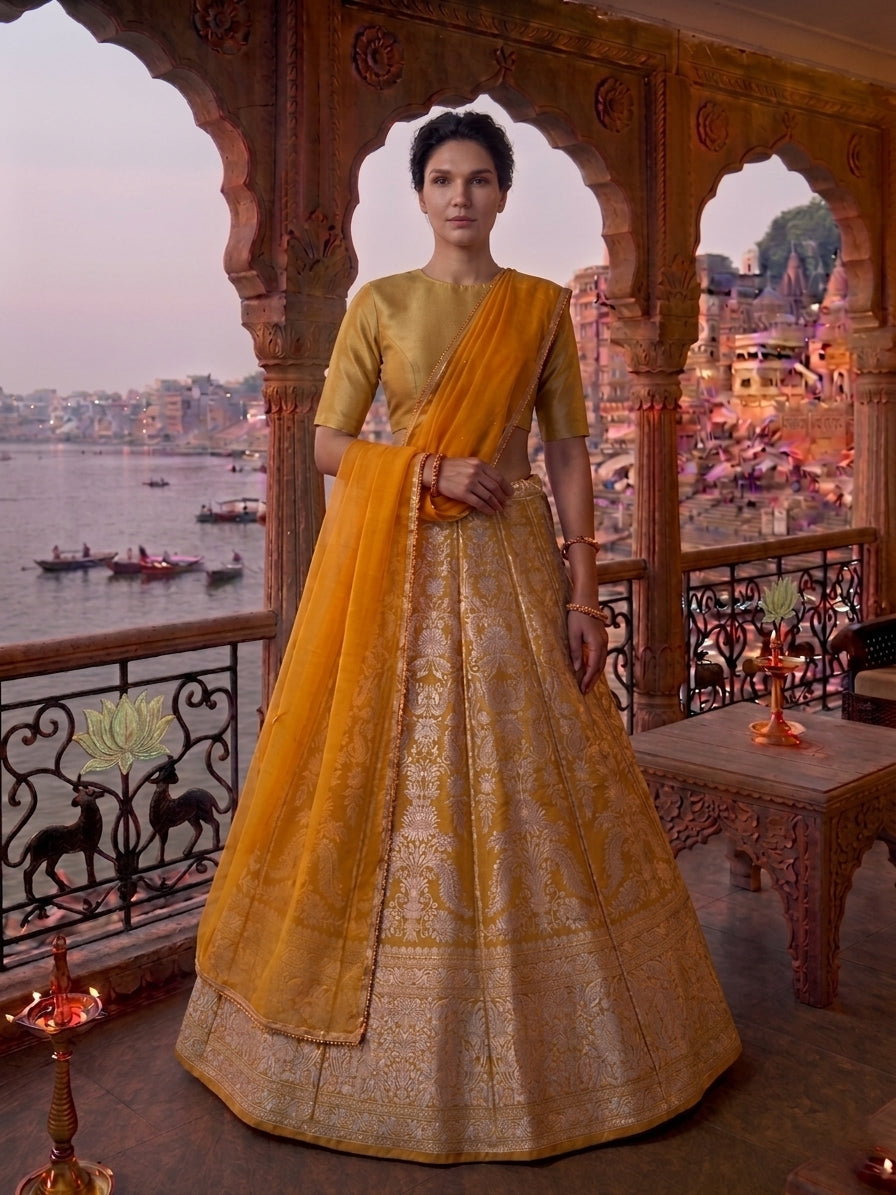 Vibha yellow Handloom Pure Silk Banarasi Lehnga