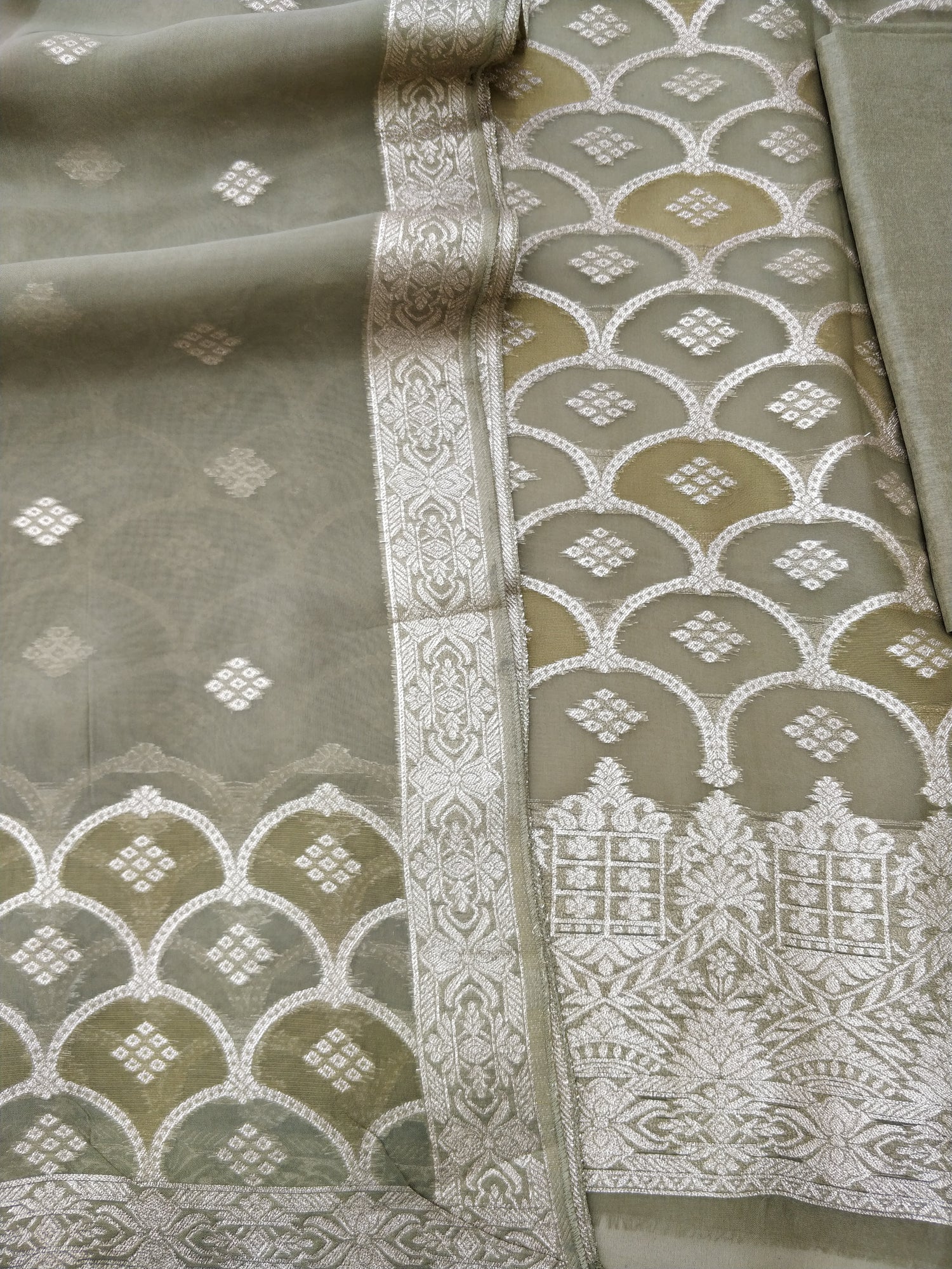 Olive Green Organza Banarasi Suit Set