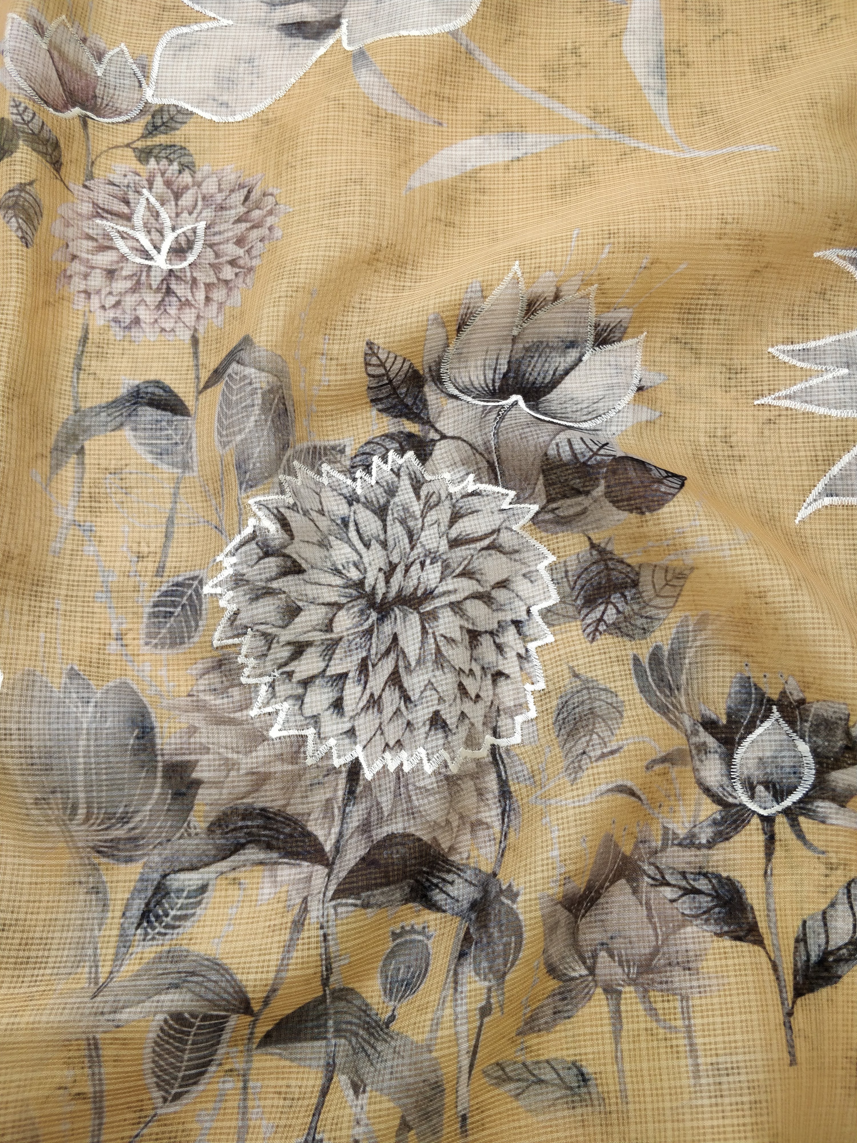 Yellow Kota Floral Print With Embroidery Saree