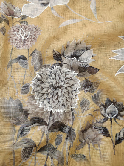 Yellow Kota Floral Print With Embroidery Saree