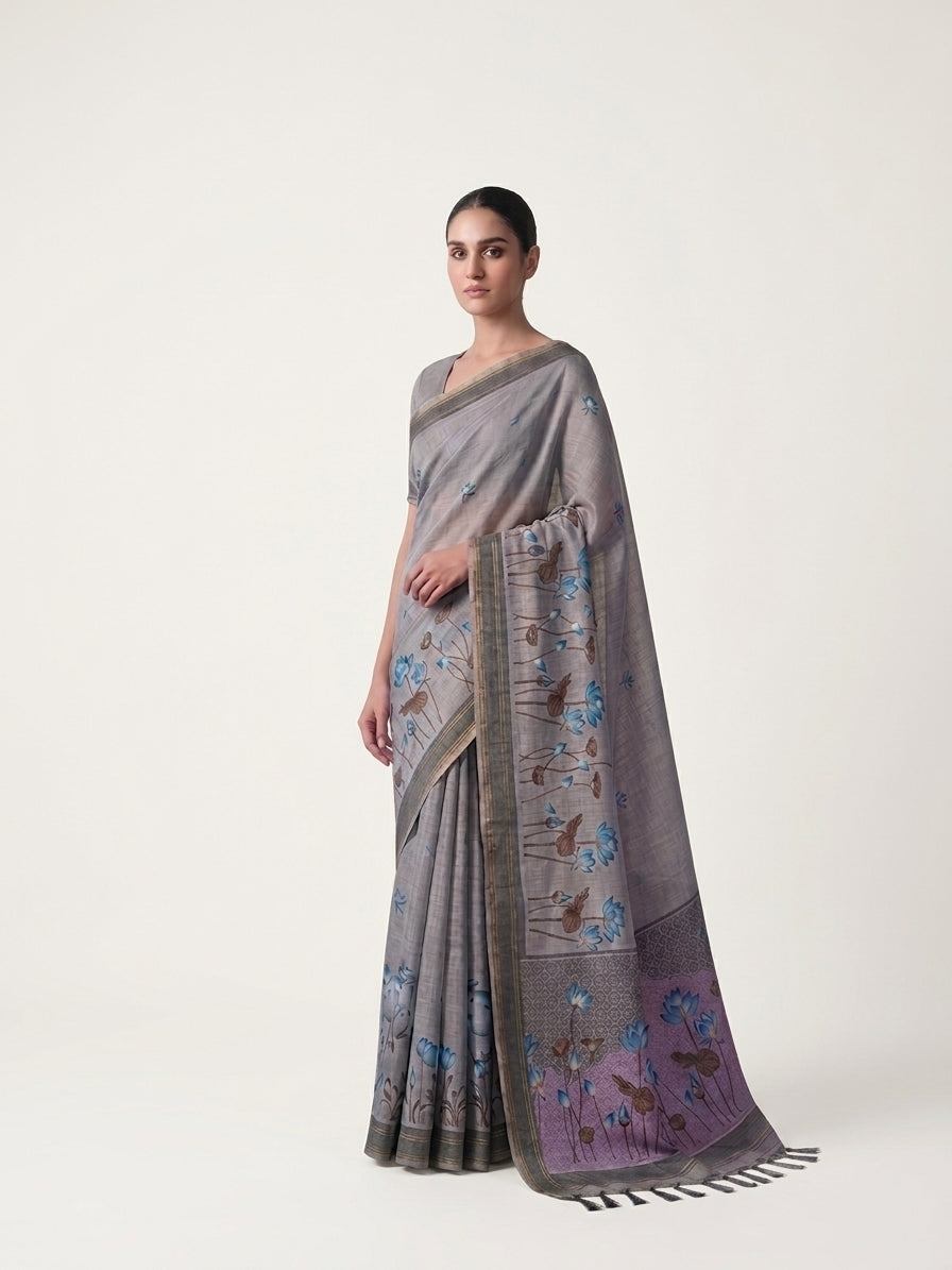 Grey Organza Silk Digital Print Pichawai Saree