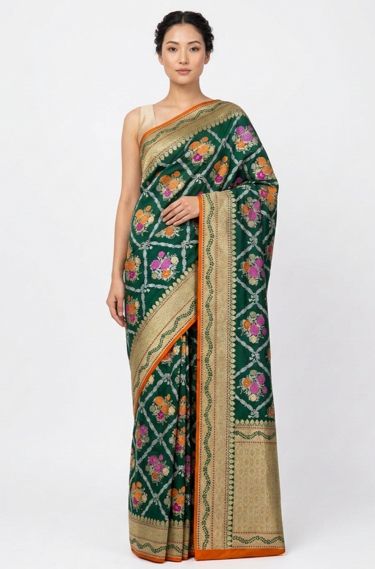 Green Handwoven Pure Kataan Silk Kadhua Jangla Banarasi Saree With Meenakari