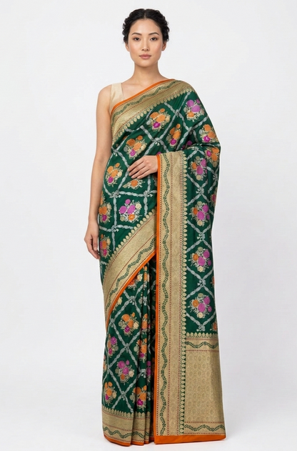 Green Handwoven Pure Kataan Silk Kadhua Jangla Banarasi Saree With Meenakari