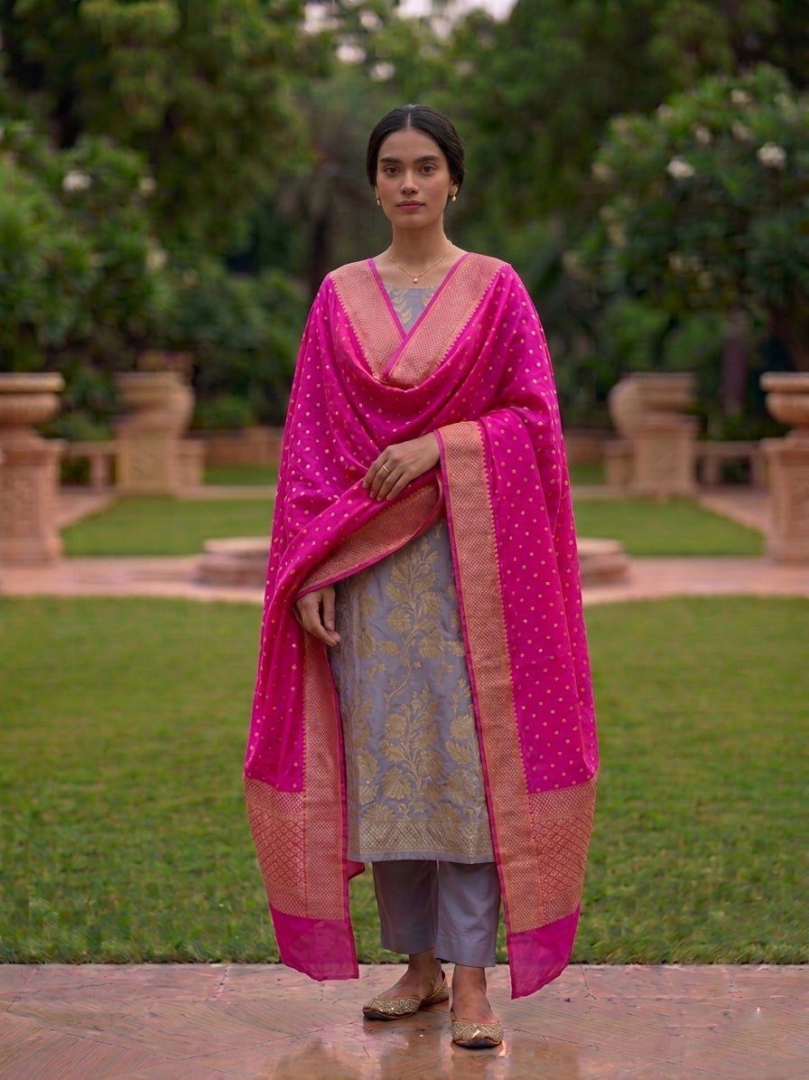 Gray Munga Silk Handwoven Banarasi Suit Set