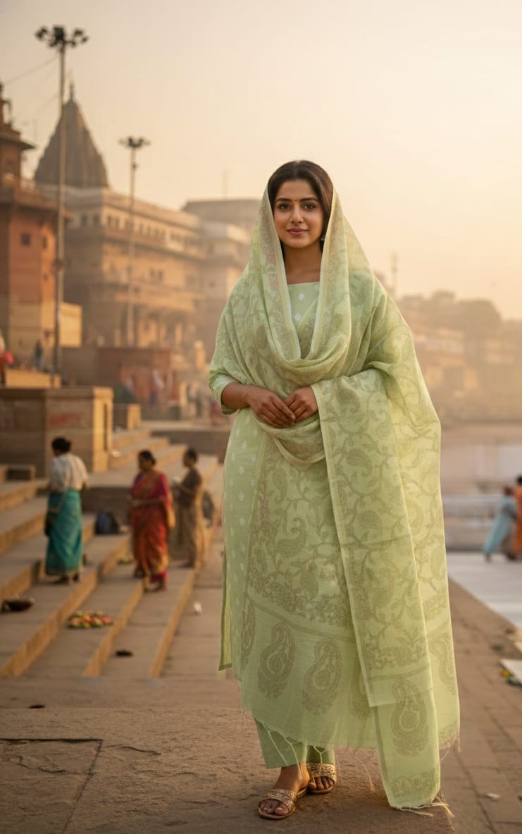 Green Chanderi Silk Dopion Buti with Printed Dupatta Suit Fabric