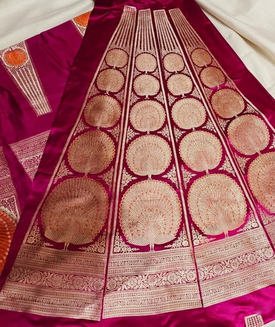 Rani Pink Handwoven Pure Satin Silk Mayuri Banarasi Lehenga Panels