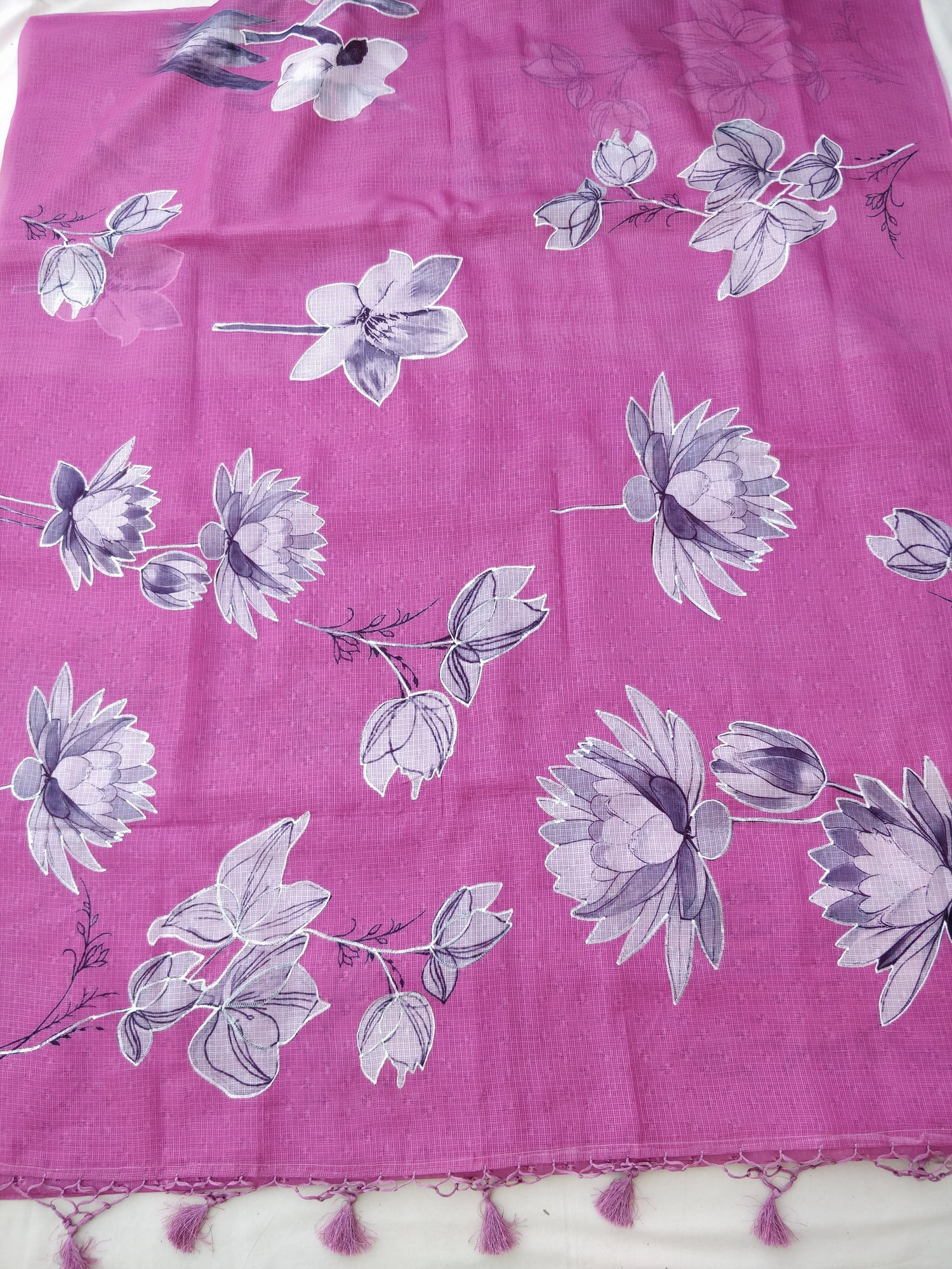 Pink Kota Floral Print With Embroidery Saree