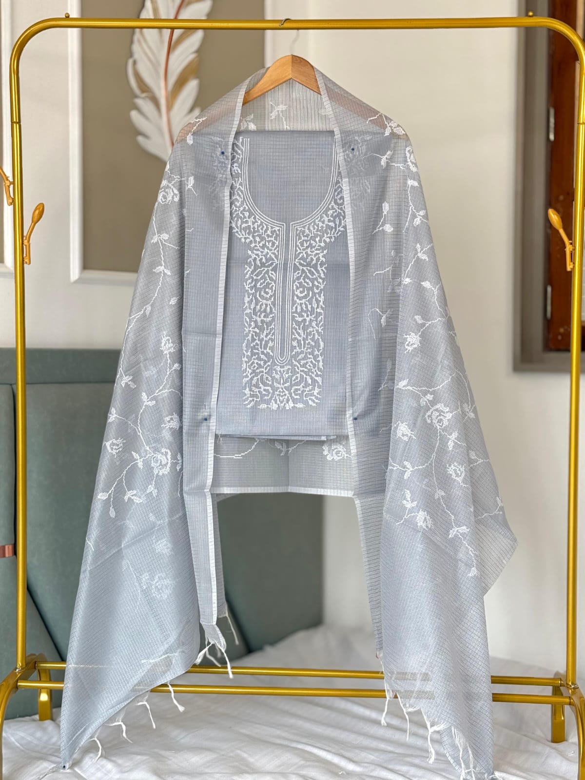 Gray Kota Silk Embroidered Unstitched Suit Fabric