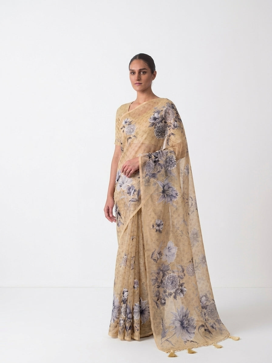 Yellow Kota Floral Print With Embroidery Saree