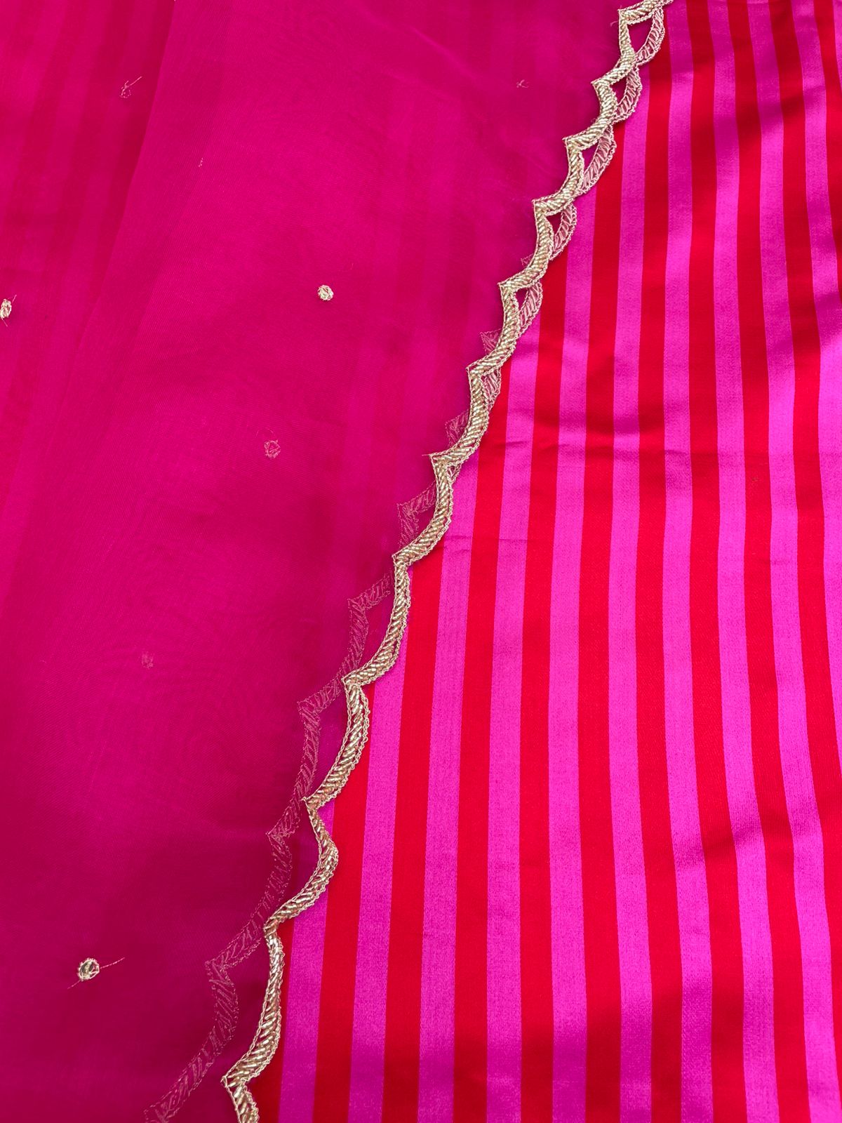 Striped Red Pink Handwoven Pure Satin Silk Banarasi Suit Set