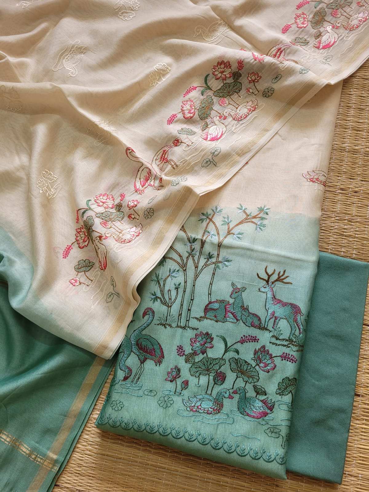 Green Pure Chanderi Silk Embroidered Suit Fabric