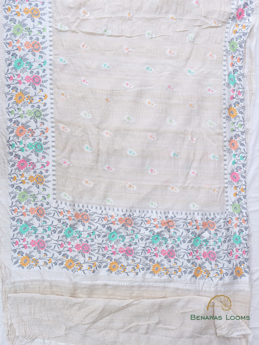 Cream Handloom Tussar Georgette Jaal Banarasi Saree