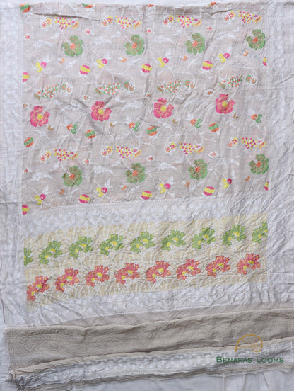 Cream Handloom Tussar Georgette Jaal Banarasi Saree