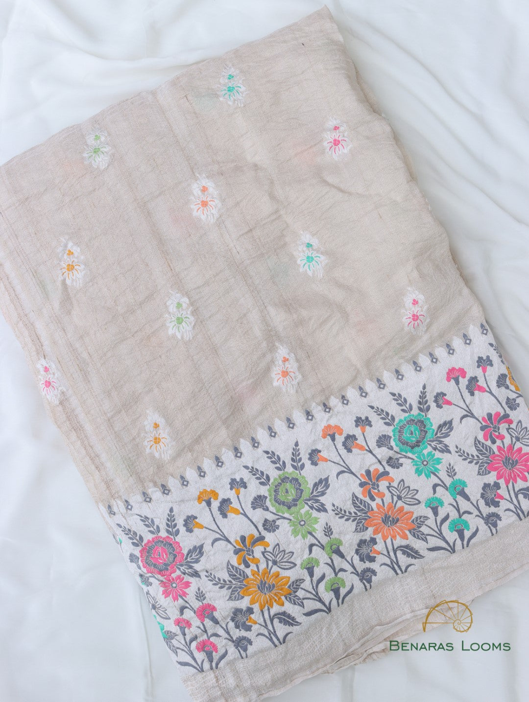 Cream Handloom Tussar Georgette Jaal Banarasi Saree