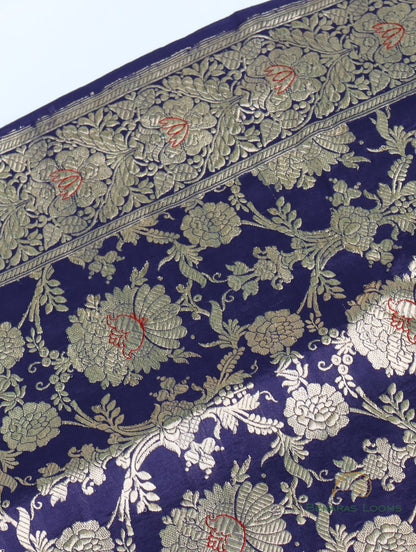 Navy Blue Handwoven Silk Kadhua Jangla Banarasi Saree