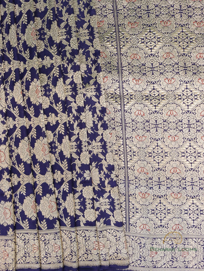 Navy Blue Handwoven Silk Kadhua Jangla Banarasi Saree