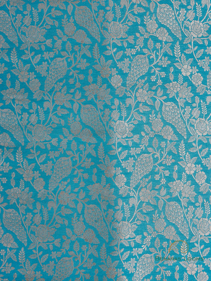 Blue Handwoven Pure Kataan Silk Brocade Jaal Banarasi Fabric