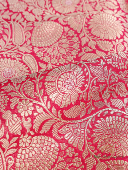 Pink Handwoven Pure Kataan Floral Jaal Fabric