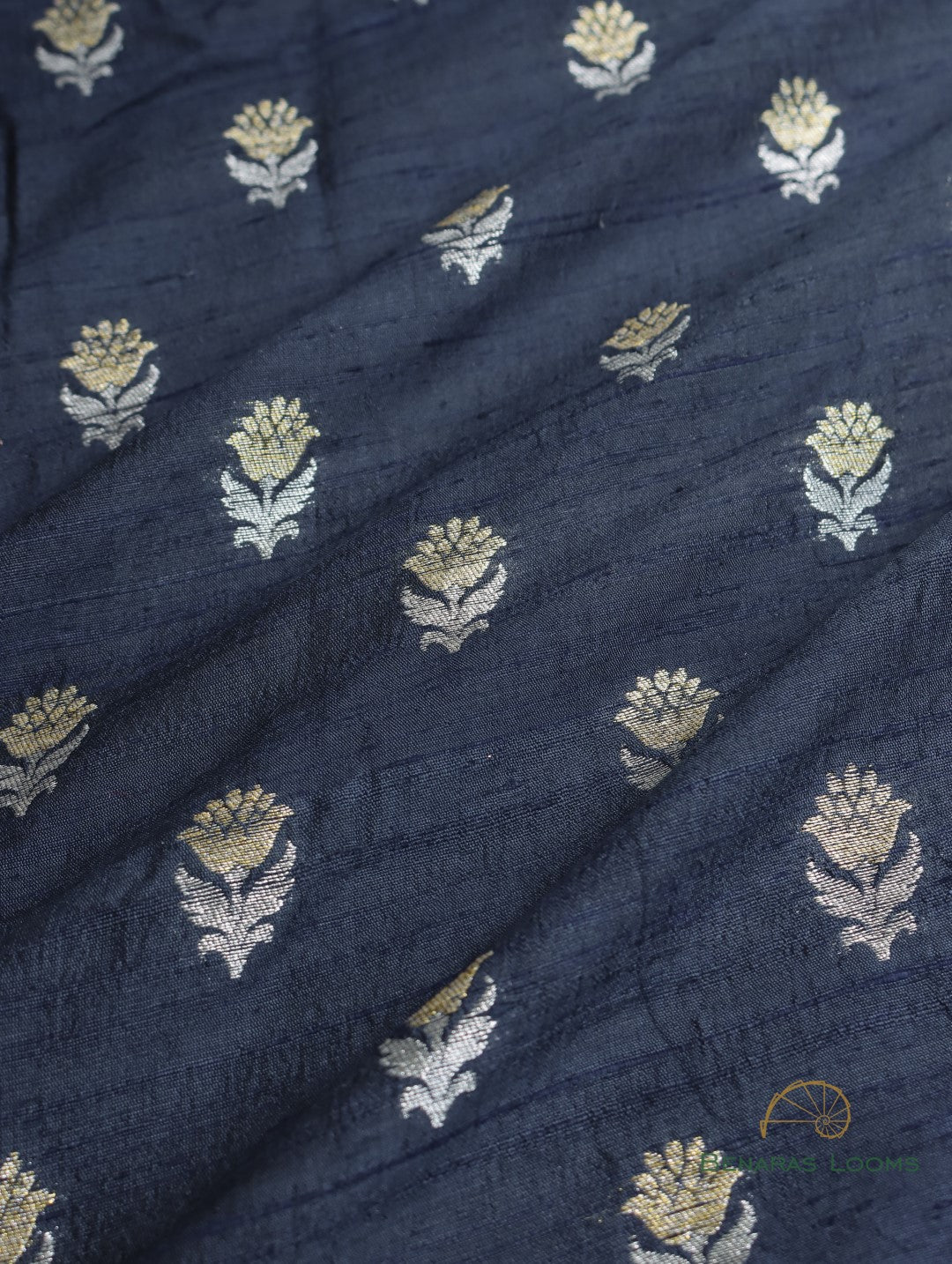 Blue Black Handwoven Pure Raw Silk Fabric