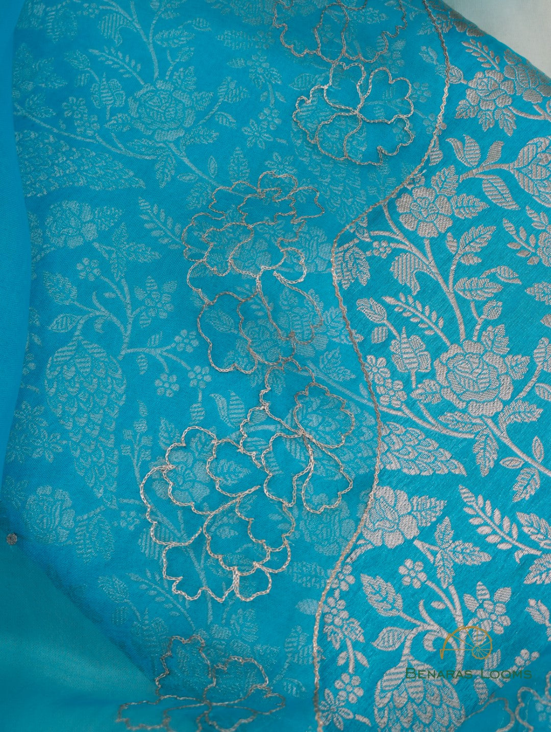 Blue Hand Embroidered Organza Dupatta