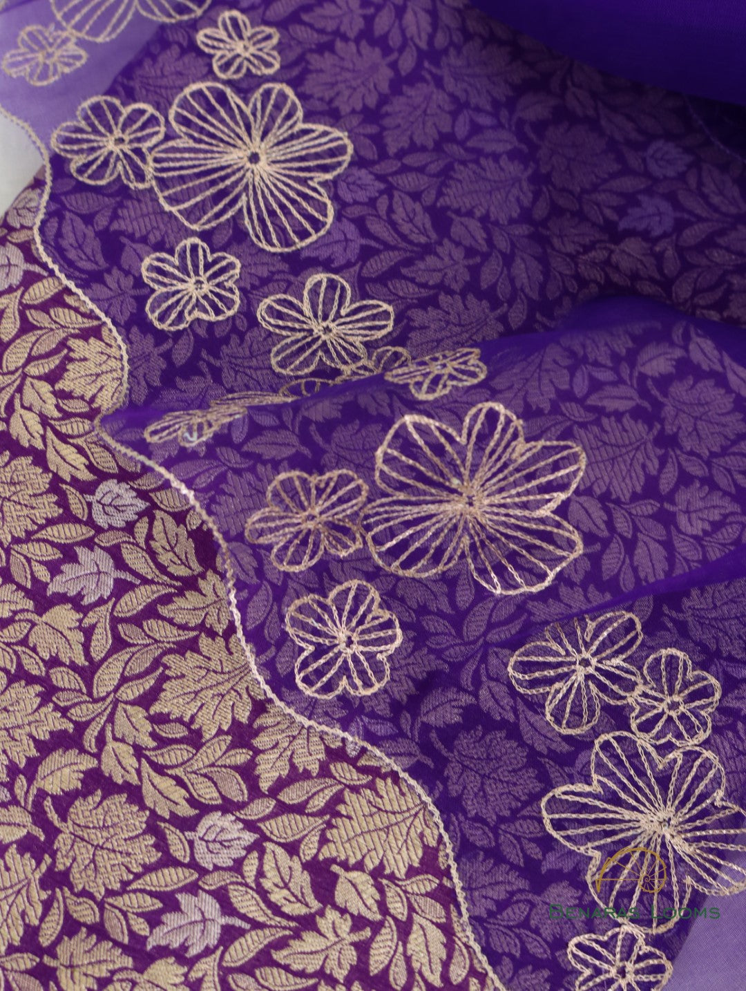 Purple Hand Embroidered Handwoven Organza Dupatta