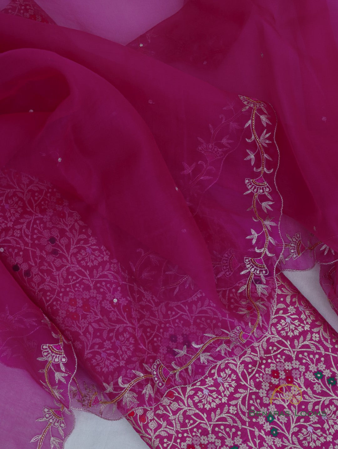 Pink Hand Embroidered Handwoven Organza Dupatta