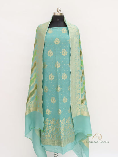 Teal Handwoven Pure Georgette Banarasi Suit Fabric with Georgette Dupatta