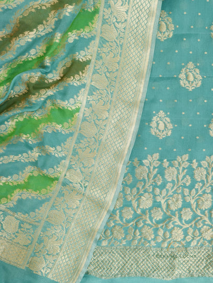 Teal Handwoven Pure Georgette Banarasi Suit Fabric with Georgette Dupatta