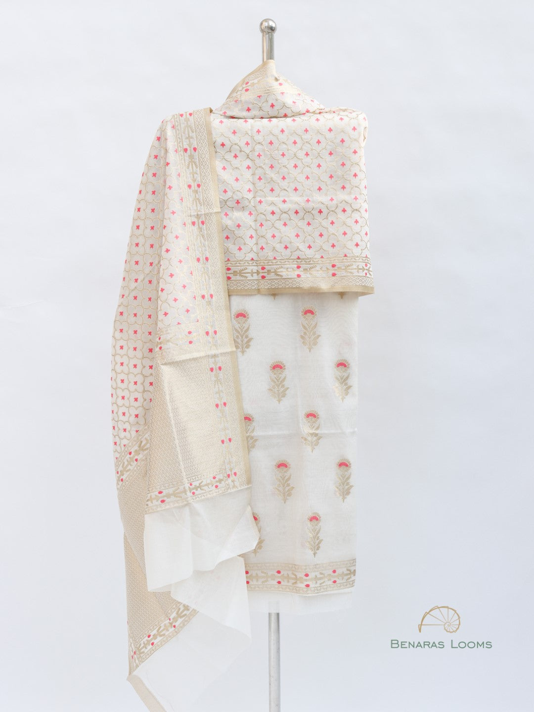 White Handwoven Banarasi Premium Cotton Unstitched Suit Fabric