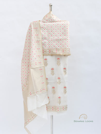 White Handwoven Banarasi Premium Cotton Unstitched Suit Fabric