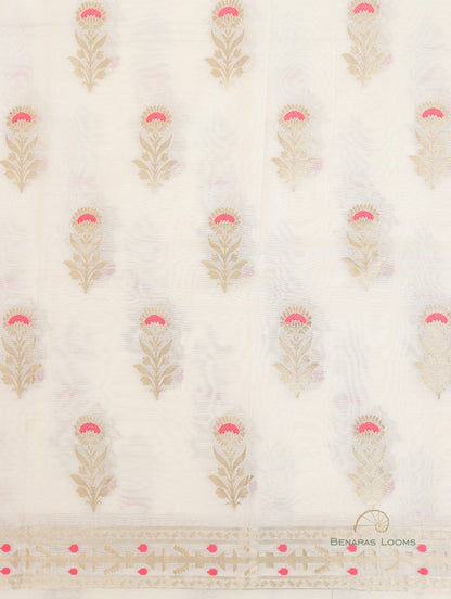 White Handwoven Banarasi Premium Cotton Unstitched Suit Fabric